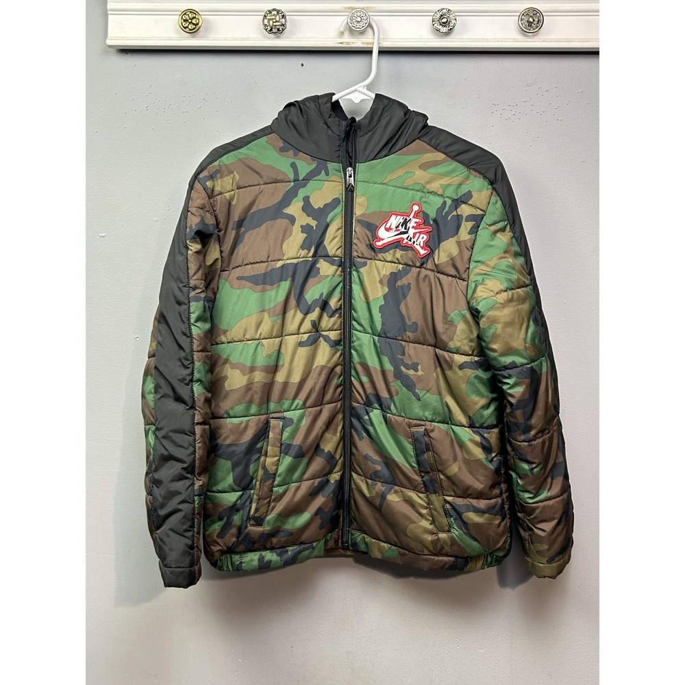 Jordan Jacket Youth Boys Large Camo Green Hooded Puffer Quilted Zip Nike Air